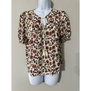 Aqua Floral Print Tie Neck Puff Sleeve Blouse Top Women's Size S Rayon